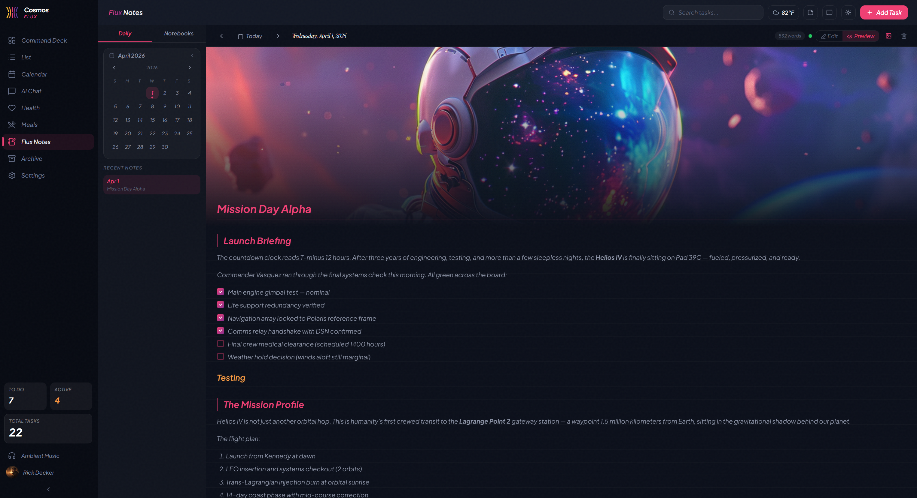 Flux Notes with hero background and markdown editor