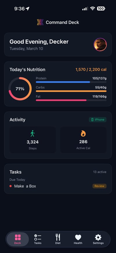 iOS Command Deck dashboard